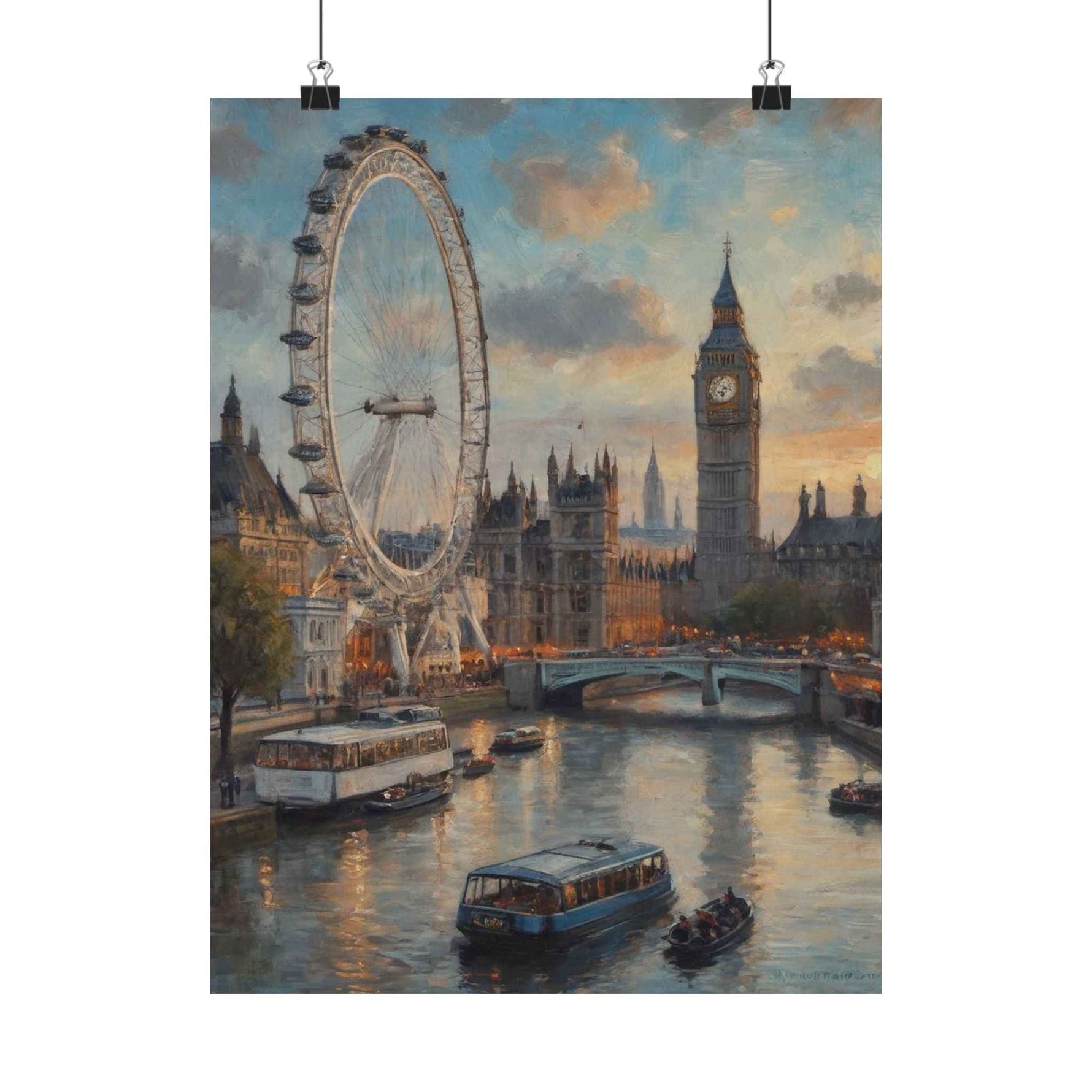 London Skyline Poster — Vintage Thames River Matte Vertical Print (Big Ben & London Eye)