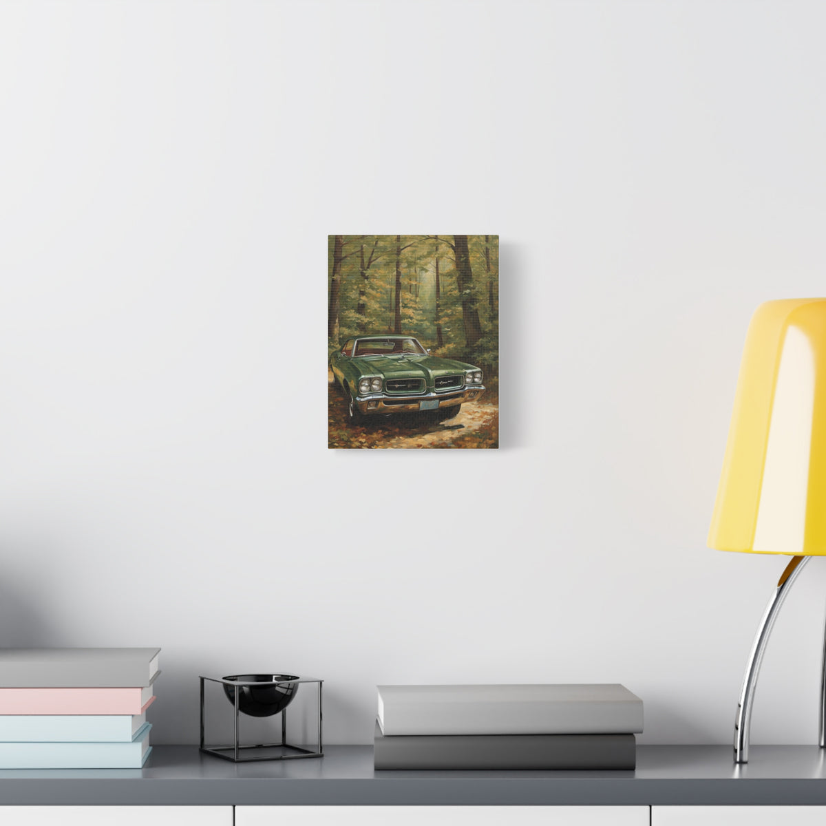 1964 Pontiac GTO Canvas Wall Art Vintage Dark Green Muscle Car Painting Autumn Forest Dirt Road Stretched Canvas Print for Living Room Office Decor