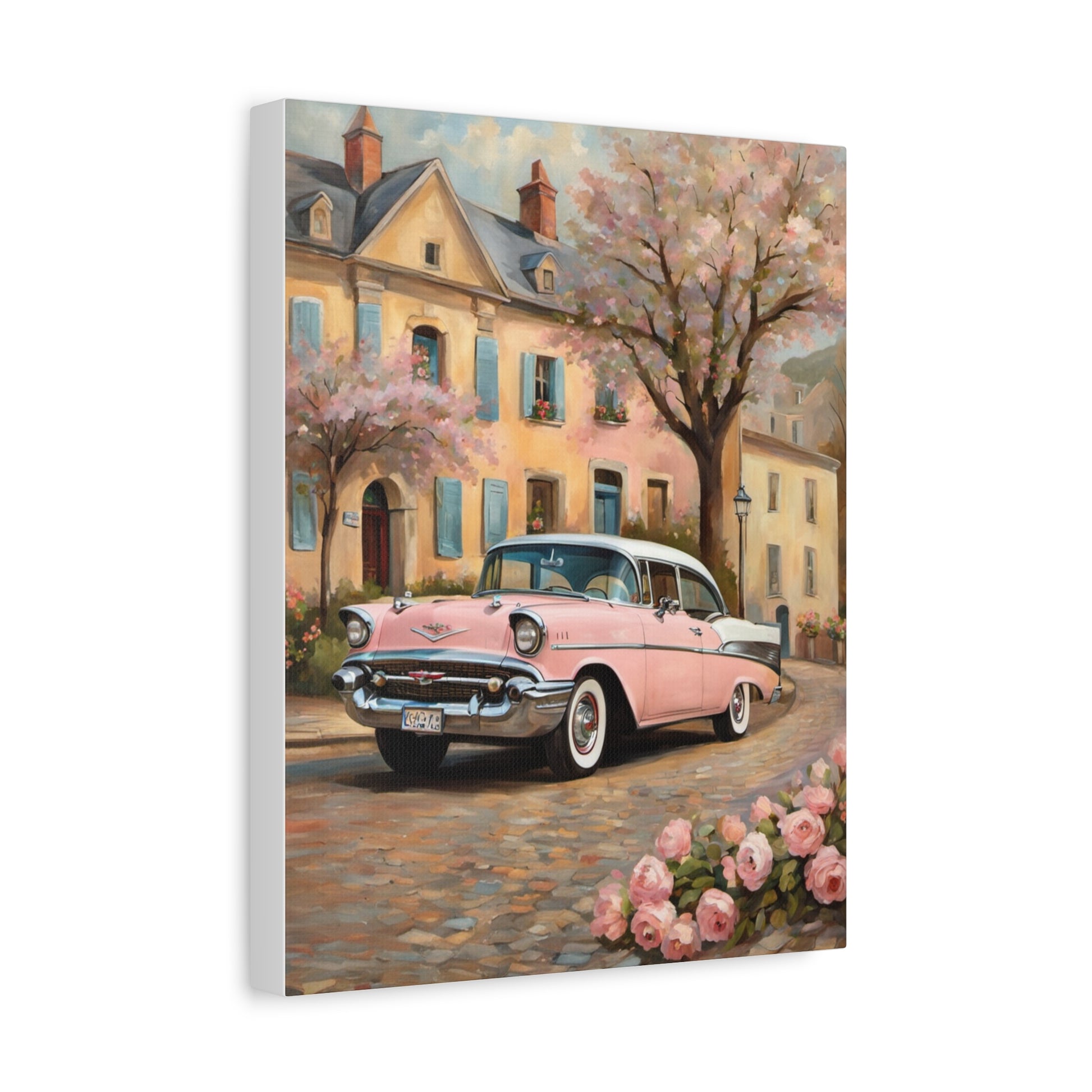 Vintage Car Canvas Print, Home Decor, Wall Art, Gift for Car Lovers, Retro Art, Floral Design, Pink Cadillac - AquilVision
