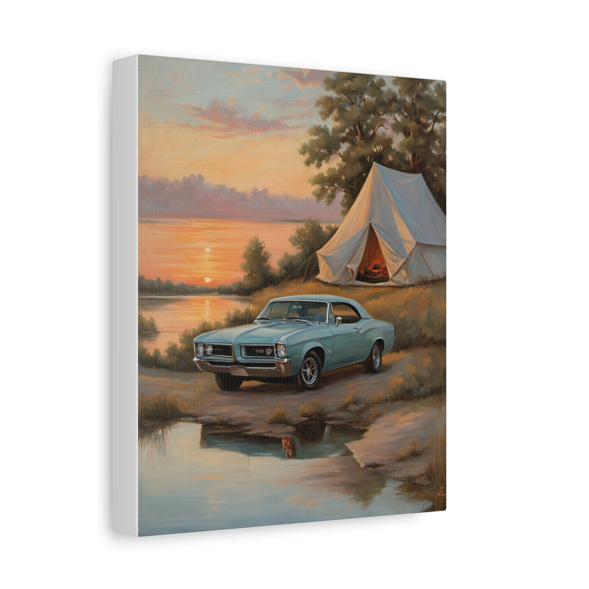 1964 Pontiac GTO Canvas Wall Art Vintage Light Blue Muscle Car Painting Lakeside Camp Sunset Stretched Canvas Print for Living Room Office Decor