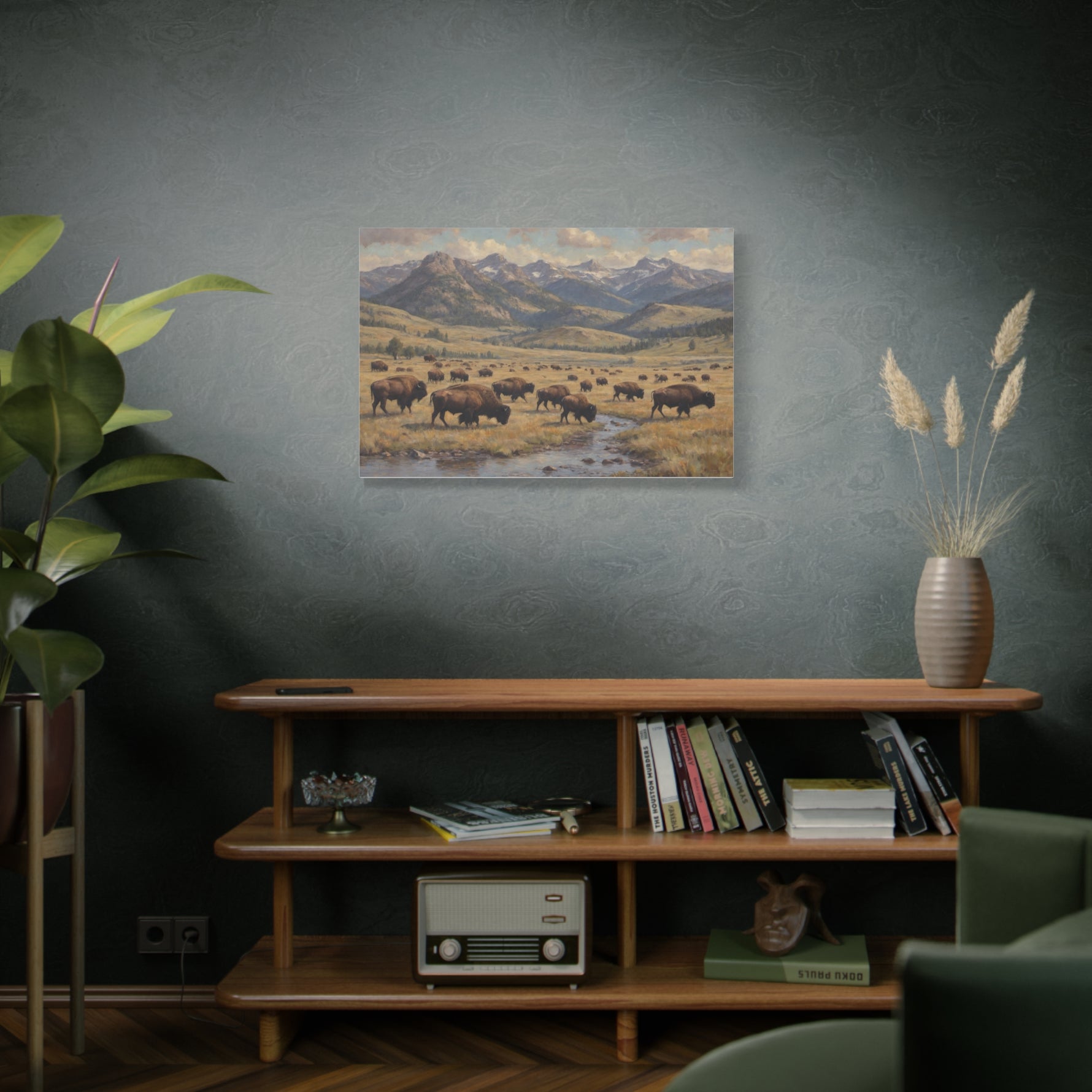 Bison Herd Yellowstone Canvas Print — Western Mountain Landscape Matte Stretched Wall Art - AquilVision