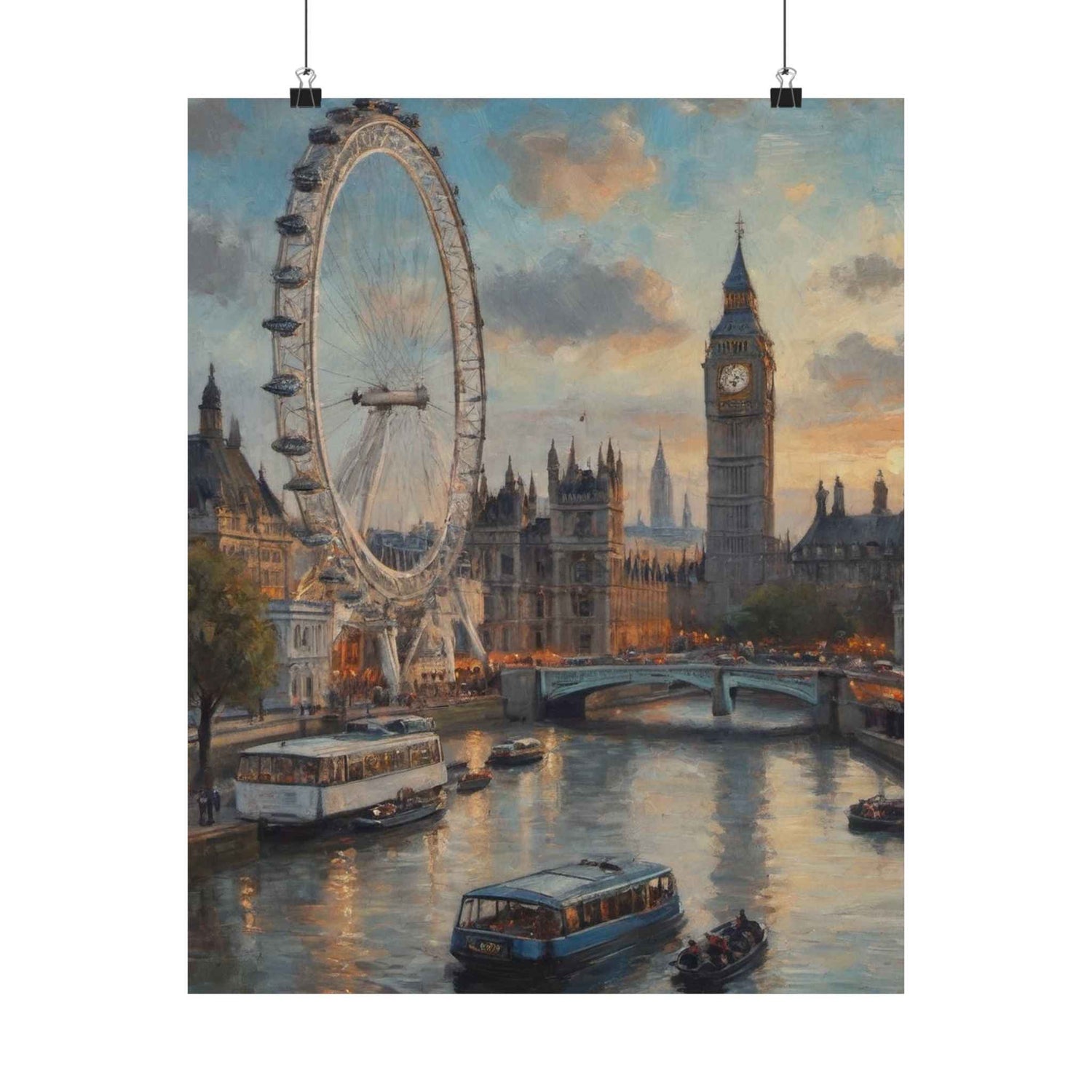 London Skyline Poster — Vintage Thames River Matte Vertical Print (Big Ben & London Eye)