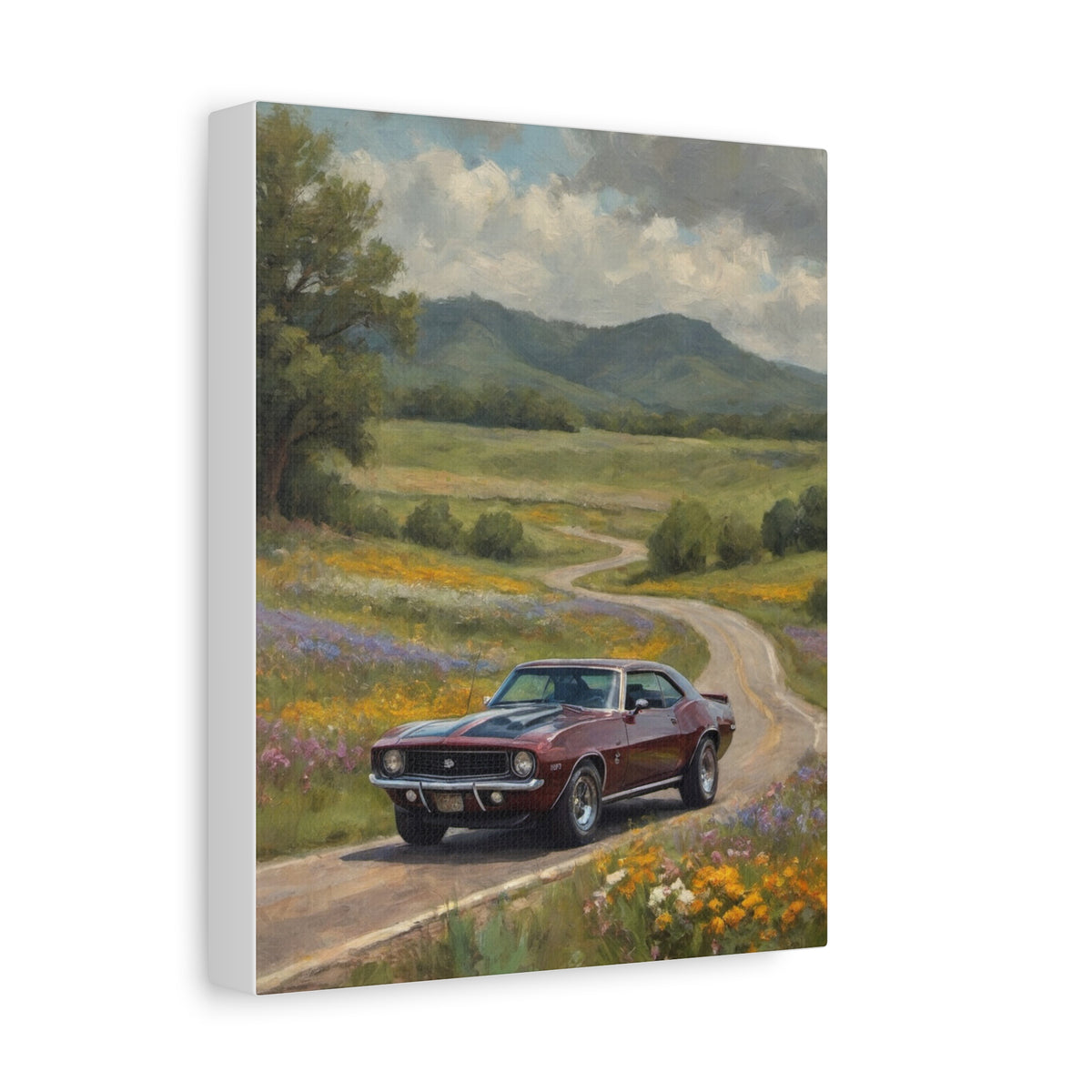 1969 Chevrolet Camaro Z28 Canvas Wall Art Vintage Burgundy Metallic Muscle Car Painting Country Road Wildflower Meadow Stretched Canvas Print for Living Room Office Decor