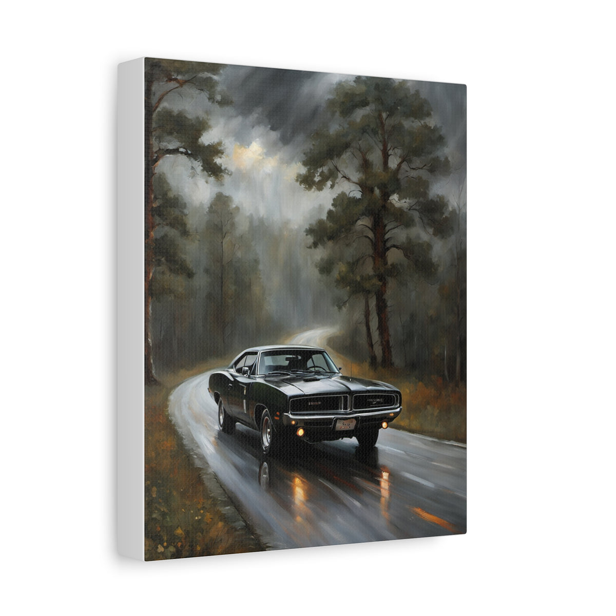 1969 Dodge Charger R/T Canvas Wall Art Vintage Gloss Black Muscle Car Painting Rainy Pine Forest Wet Road Stretched Canvas Print for Living Room Office Decor