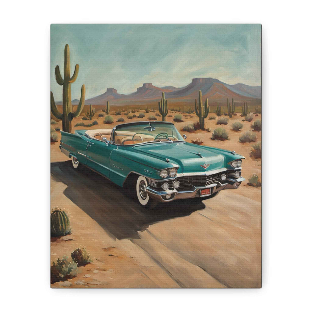 Vintage Teal Cadillac Desert Canvas Print — Retro Car Wall Art