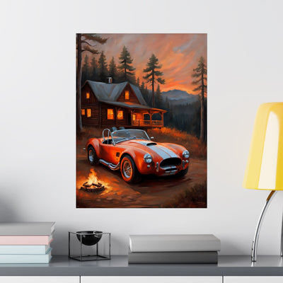 Cozy Mountain Car Poster, Auto Lovers Wall Art, Cabin Decor, Vintage Car Print, Rustic Home Decoration Printify