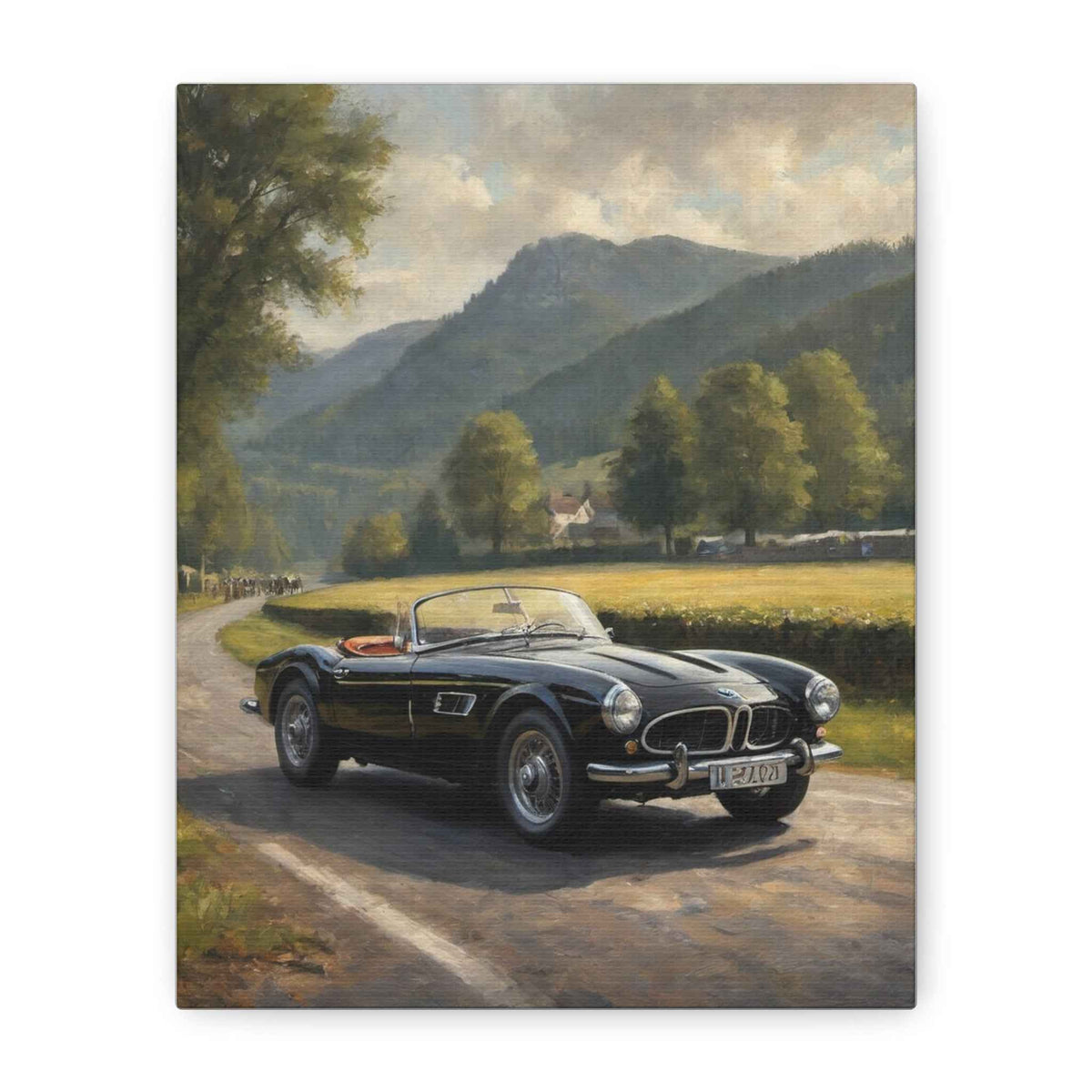 Vintage Convertible Canvas Print — Classic Roadster in Mountain Landscape