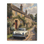 Vintage Aston Martin Canvas Wall Art — Classic Car Cottage Scene, Matte Stretched 1.25"