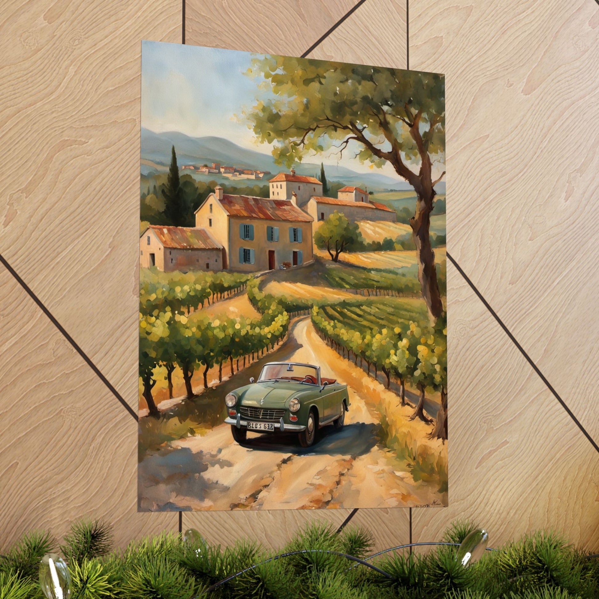 Vintage Car Landscape Poster, Wall Art Decor, Matte Vertical Print, Country Road Scene, Home Decor Gift, Retro Art, Gift for Car Lovers Printify