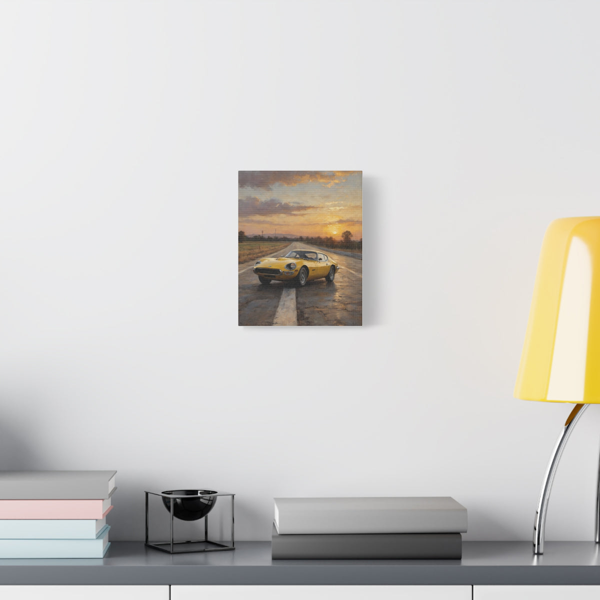 1968 Toyota 2000GT Canvas Wall Art Vintage Bellatrix Yellow JDM Painting Historic Racetrack Sunset Golden Hour Stretched Canvas Print for Living Room Office Decor
