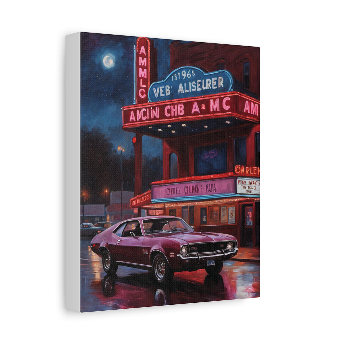 1968 AMC Javelin Canvas Wall Art Vintage Burgundy Muscle Car Painting Retro Cinema Neon Night Stretched Canvas Print for Living Room Office Decor