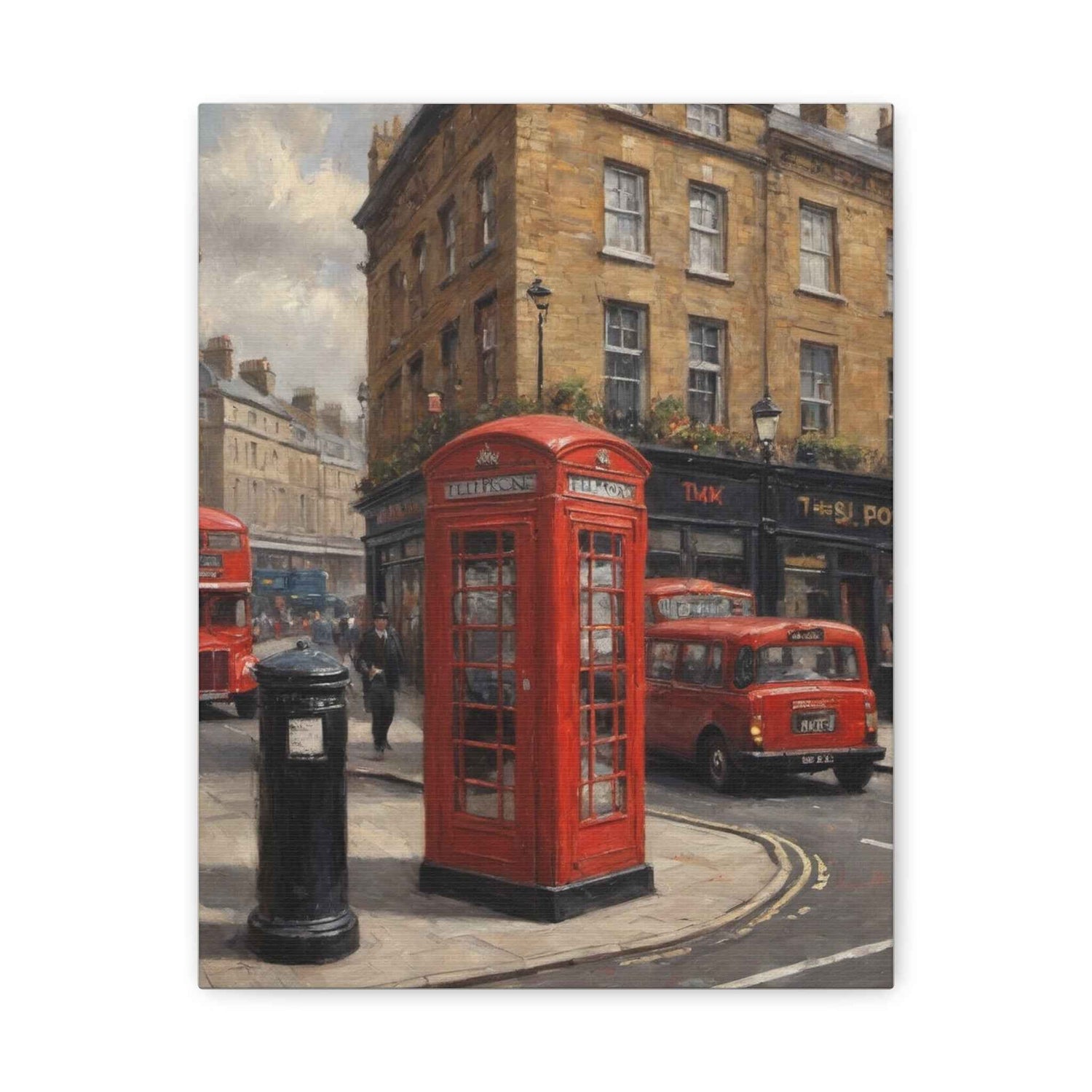 London Street Scene Matte Canvas Print — Red Phone Booth & Taxi Wall Art, Stretched 1.25"