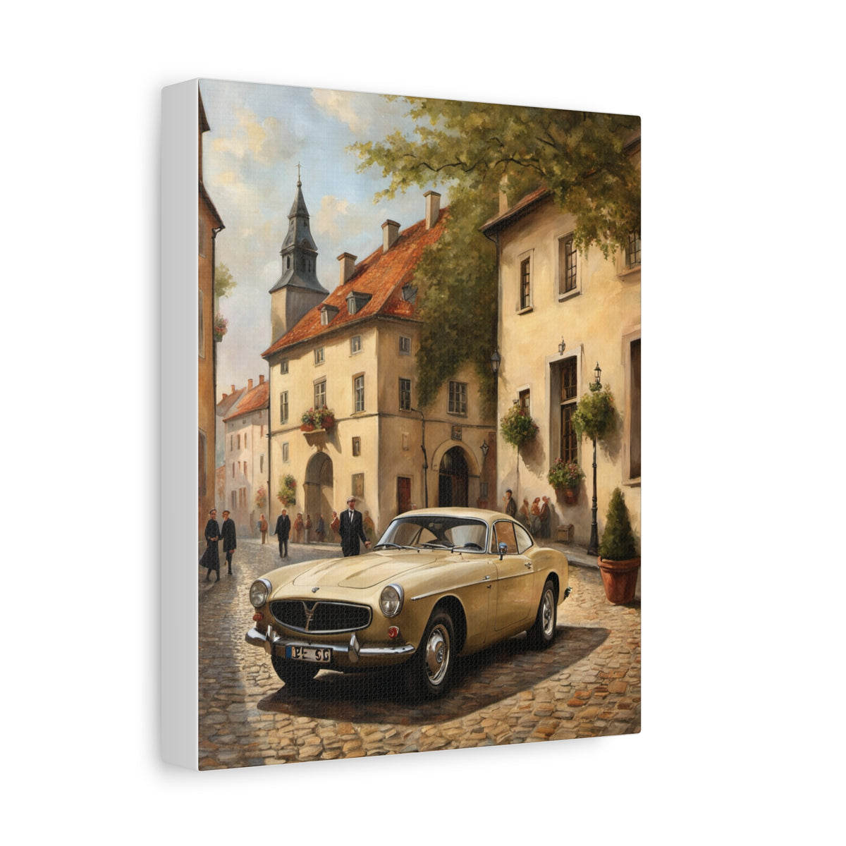 1966 Volvo P1800 Canvas Wall Art Vintage Cream Yellow Coupe Painting European Village Cobblestone Street Stretched Canvas Print for Living Room Office Decor
