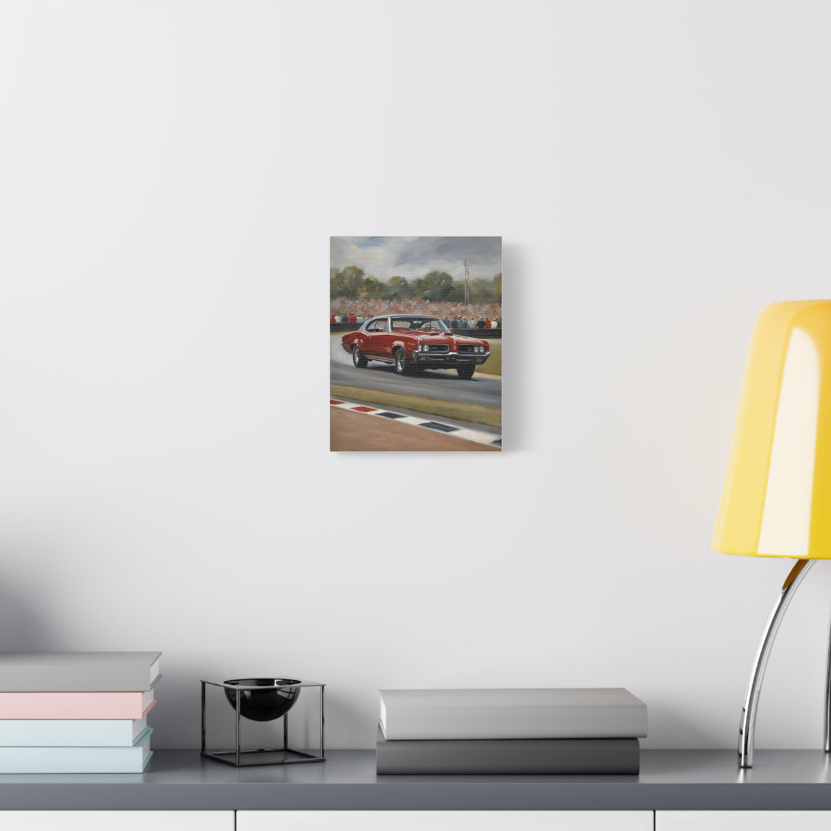 1964 Pontiac GTO Canvas Wall Art Vintage Red Muscle Car Painting Racetrack Motorsport Track Stretched Canvas Print for Living Room Office Decor