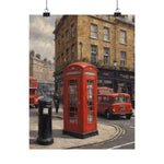 Vintage London Street Poster — Red Phone Booth Matte Vertical Print