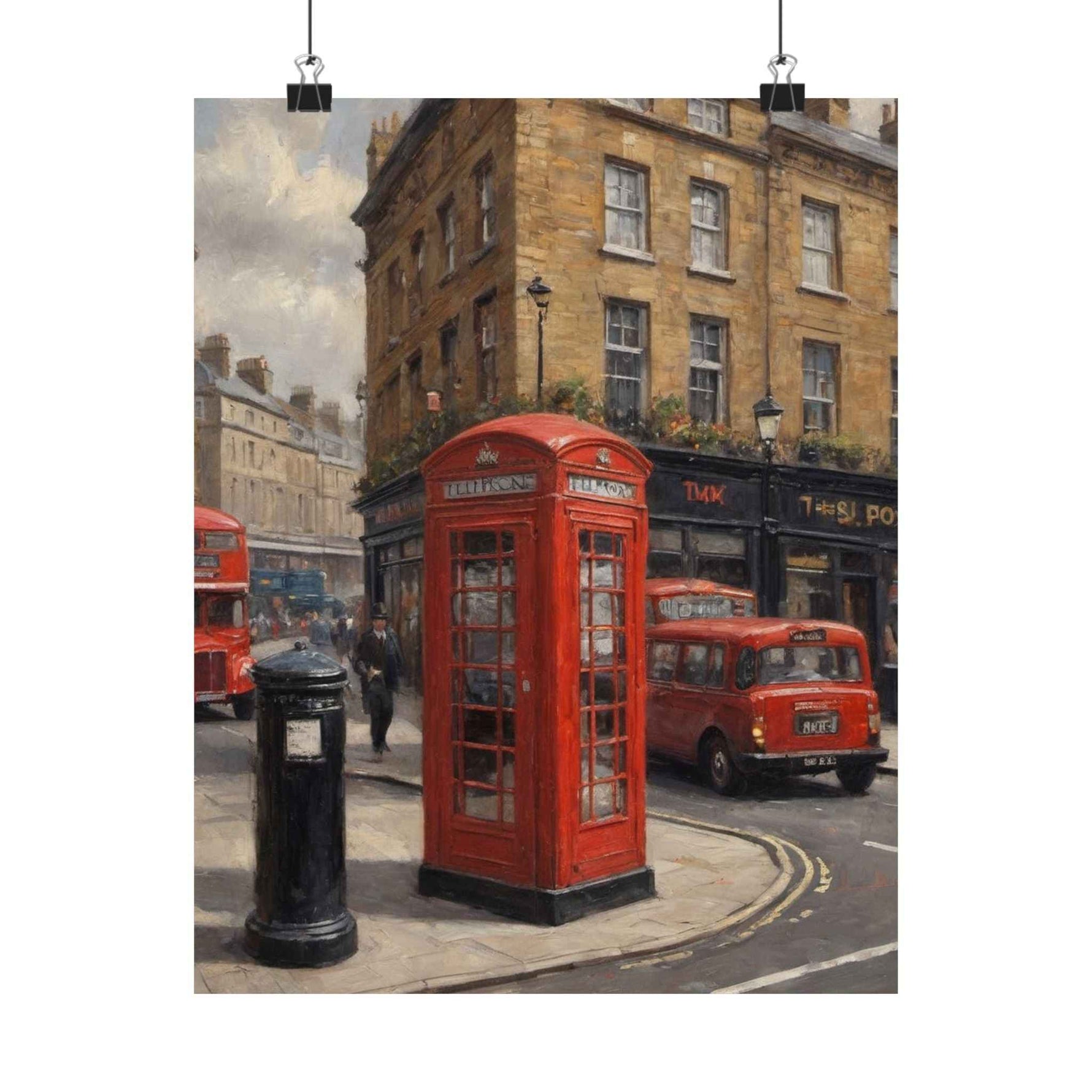 Vintage London Street Poster — Red Phone Booth Matte Vertical Print