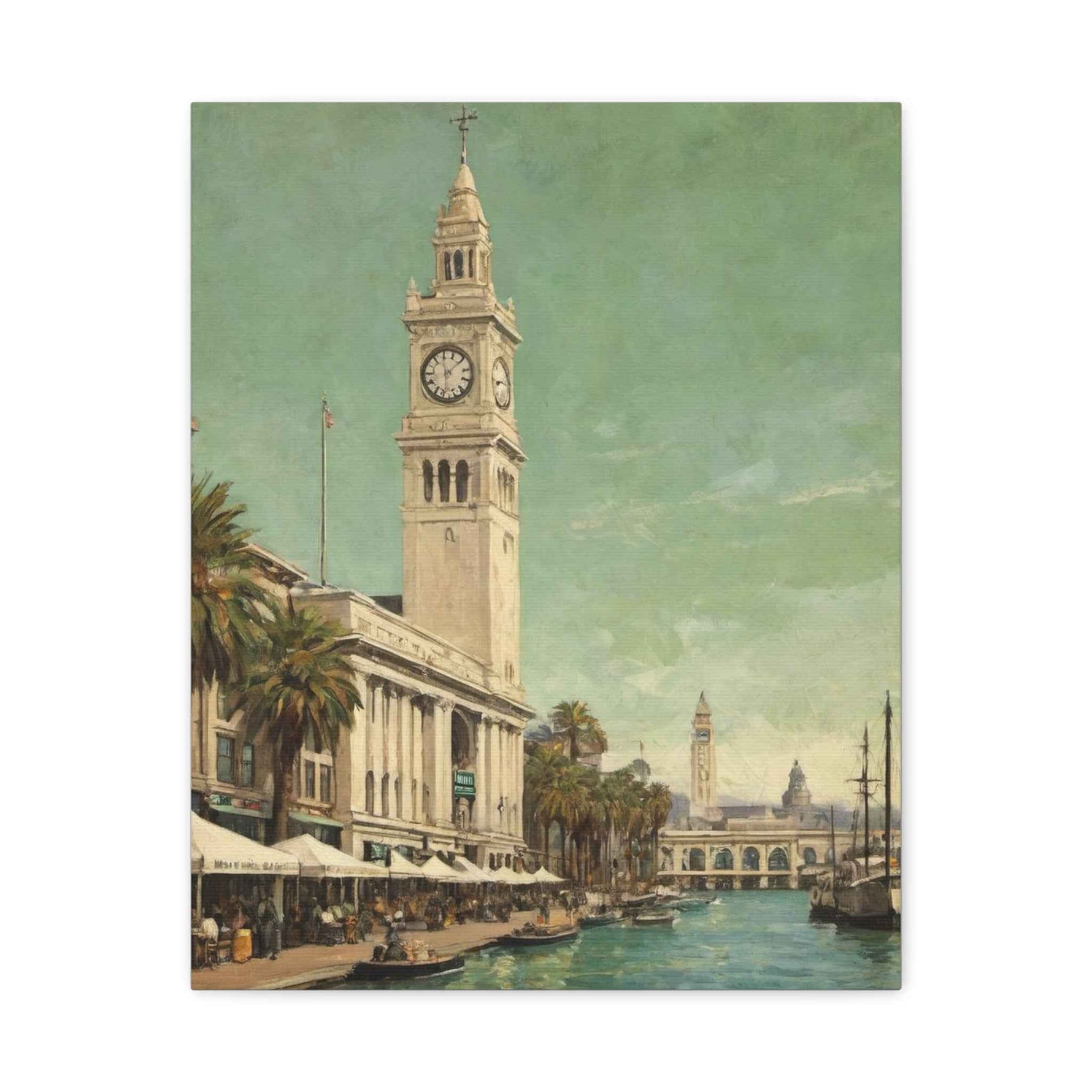 Vintage Harbor Clocktower Canvas Print — Coastal Cityscape Wall Art - AquilVision