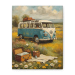 Vintage VW Camper Canvas Wall Art — Retro Road Trip Van in Wildflower Field