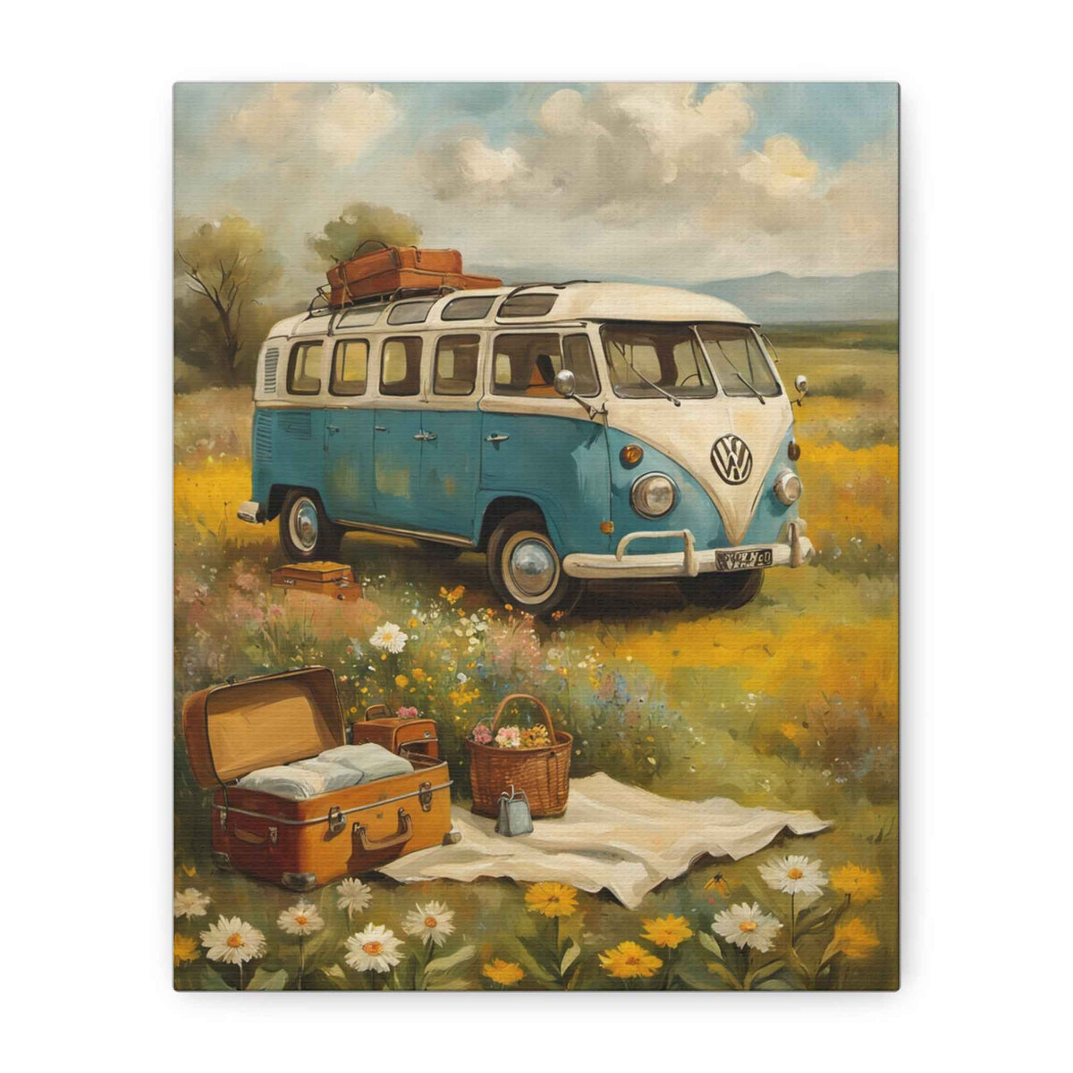 Vintage VW Camper Canvas Wall Art — Retro Road Trip Van in Wildflower Field