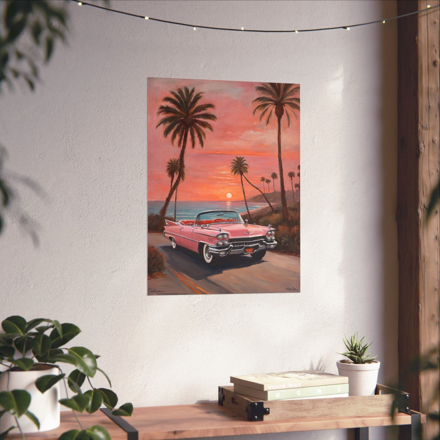 Retro Sunset Poster, Vintage Car Wall Art, 50s Decor, Tropical Vibes Home Decor, Gift for Car Lovers, Beach House Art - AquilVision