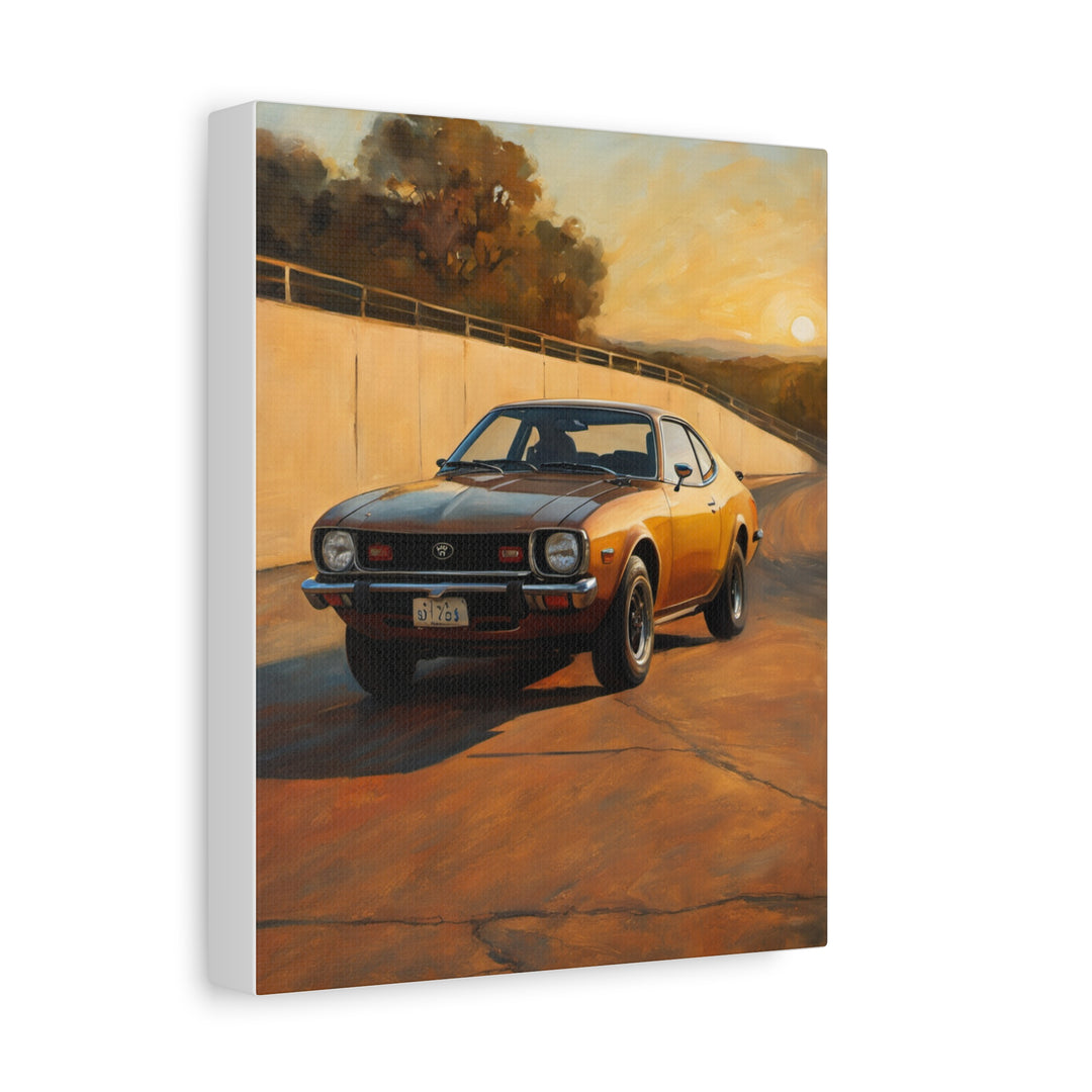 1974 Toyota Celica GT Canvas Wall Art Vintage Golden Bronze Japanese Sports Coupe Painting Sunset Mountain Road Overlook Stretched Canvas Print for Living Room Office Decor