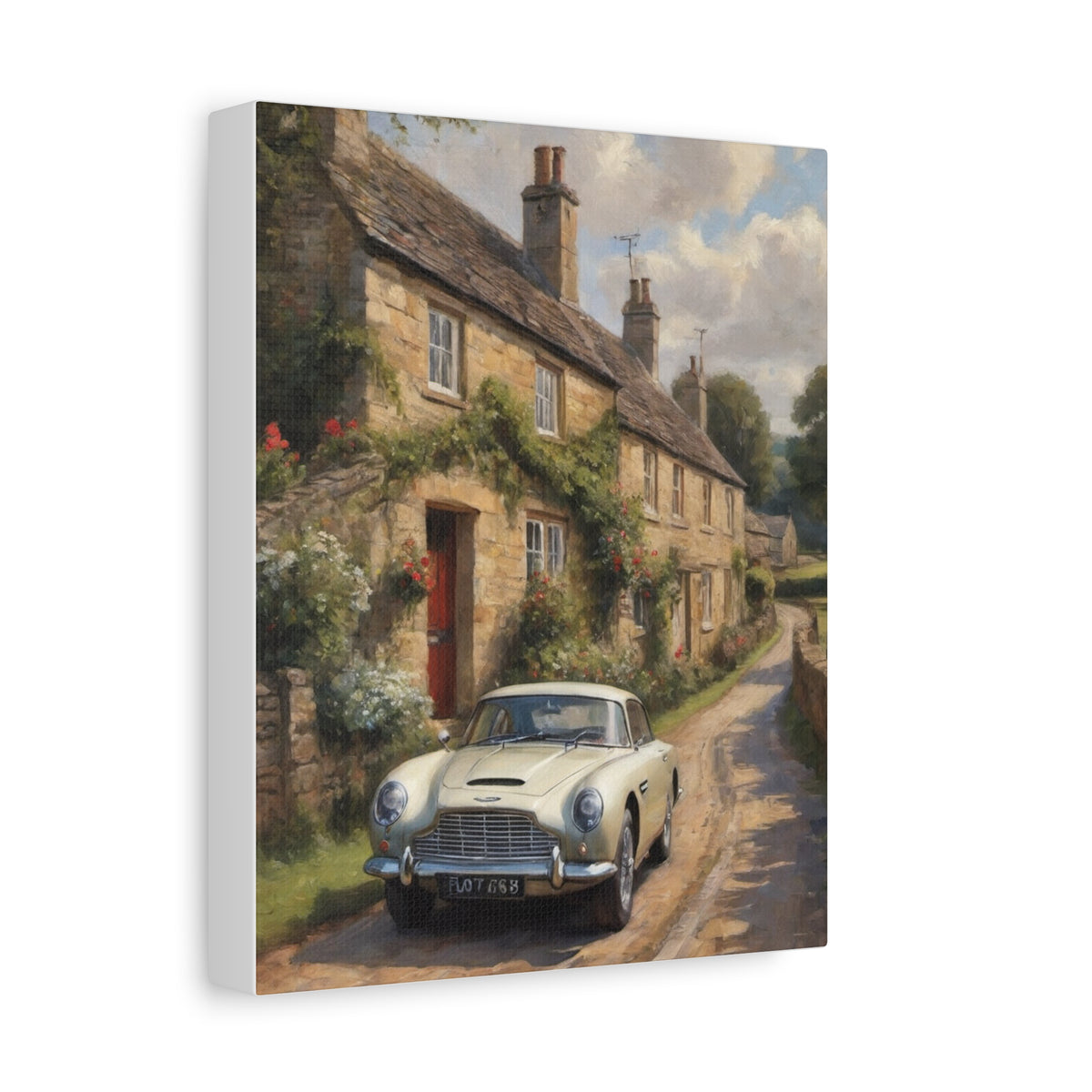 1964 Aston Martin DB5 Canvas Wall Art Vintage Cream British Luxury Sports Car Painting Cotswolds English Countryside Stretched Canvas Print for Living Room Office Decor