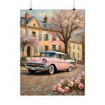 Vintage Pink Classic Car Poster — Retro European Street Matte Vertical Print