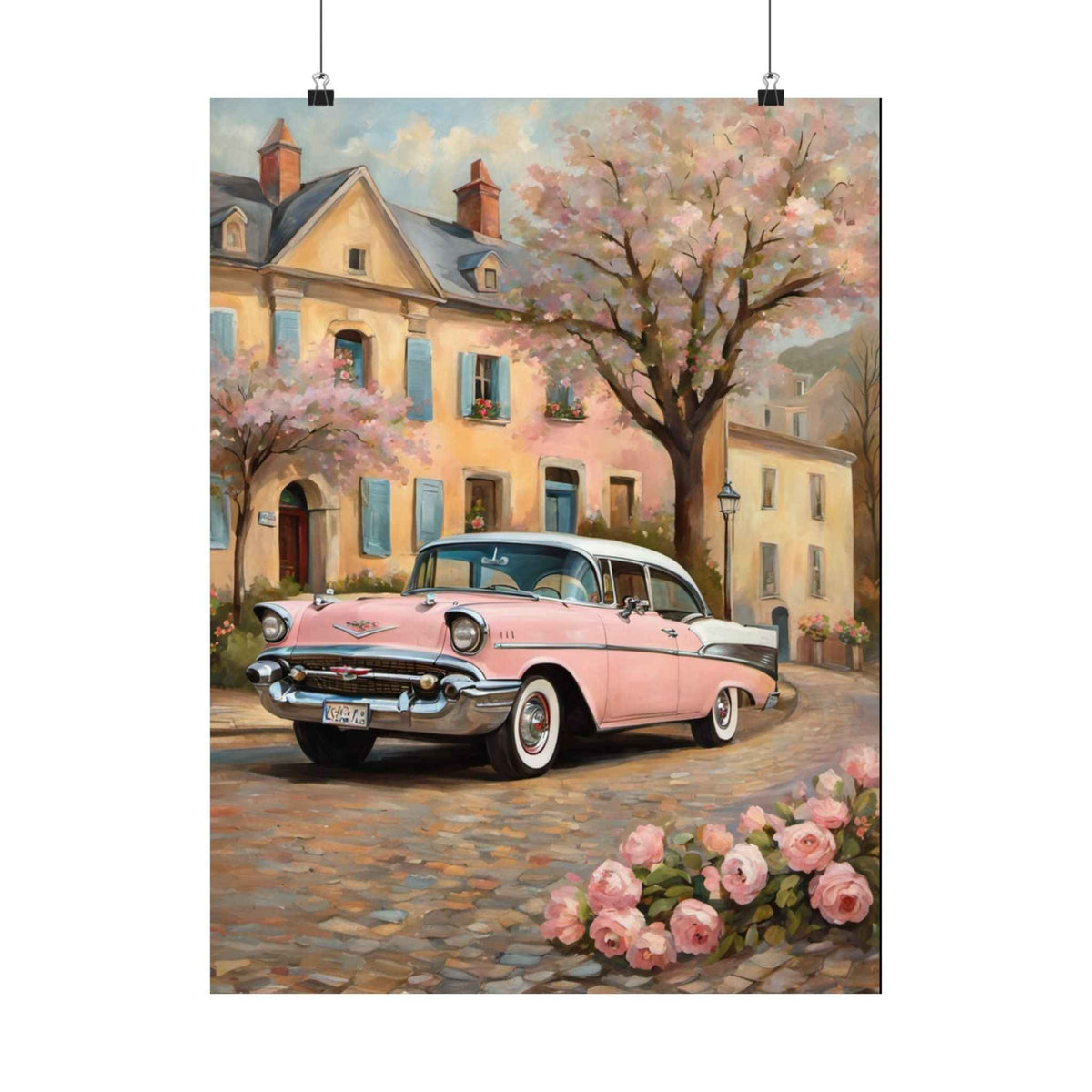 Vintage Pink Classic Car Poster — Retro European Street Matte Vertical Print