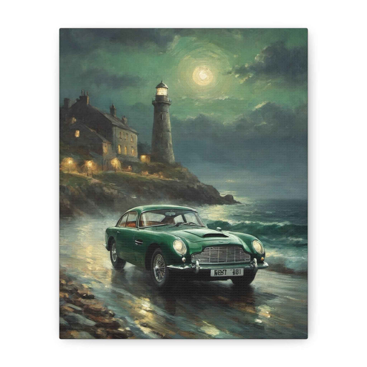 Vintage Aston Martin by Lighthouse — Matte Stretched Canvas Wall Art