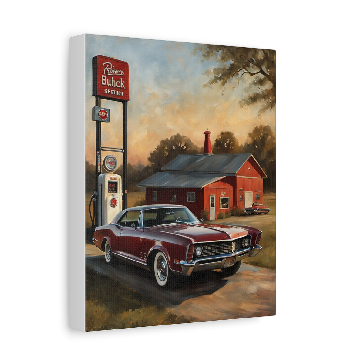 1965 Buick Riviera Canvas Wall Art Vintage Burgundy Classic Coupe Painting Retro Gas Station Sunset Stretched Canvas Print for Living Room Office Decor