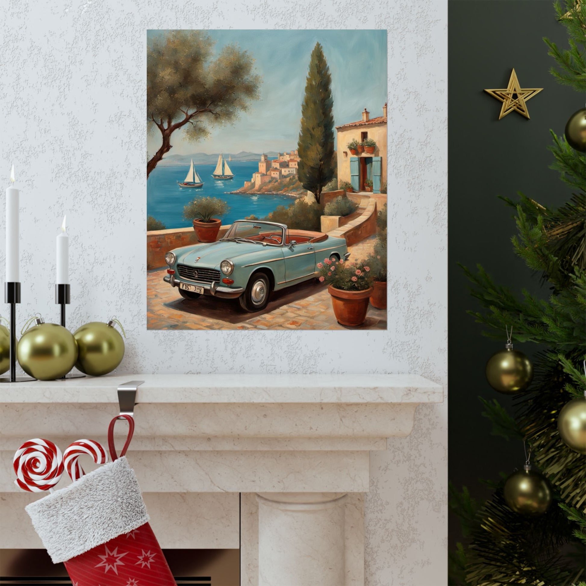 Scenic Vintage Car Art Matte Vertical Posters, Vintage Car Art, Mediterranean Vibes, Home Decor, Wall Art for Travel Lovers Printify