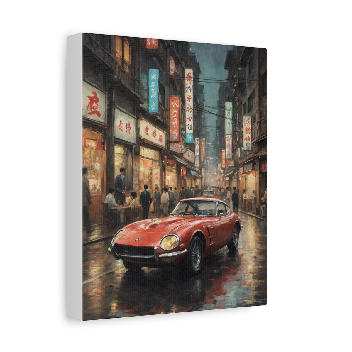 1968 Toyota 2000GT Canvas Wall Art Vintage Crimson Red JDM Painting Tokyo Rainy Alley Neon Night Stretched Canvas Print for Living Room Office Decor