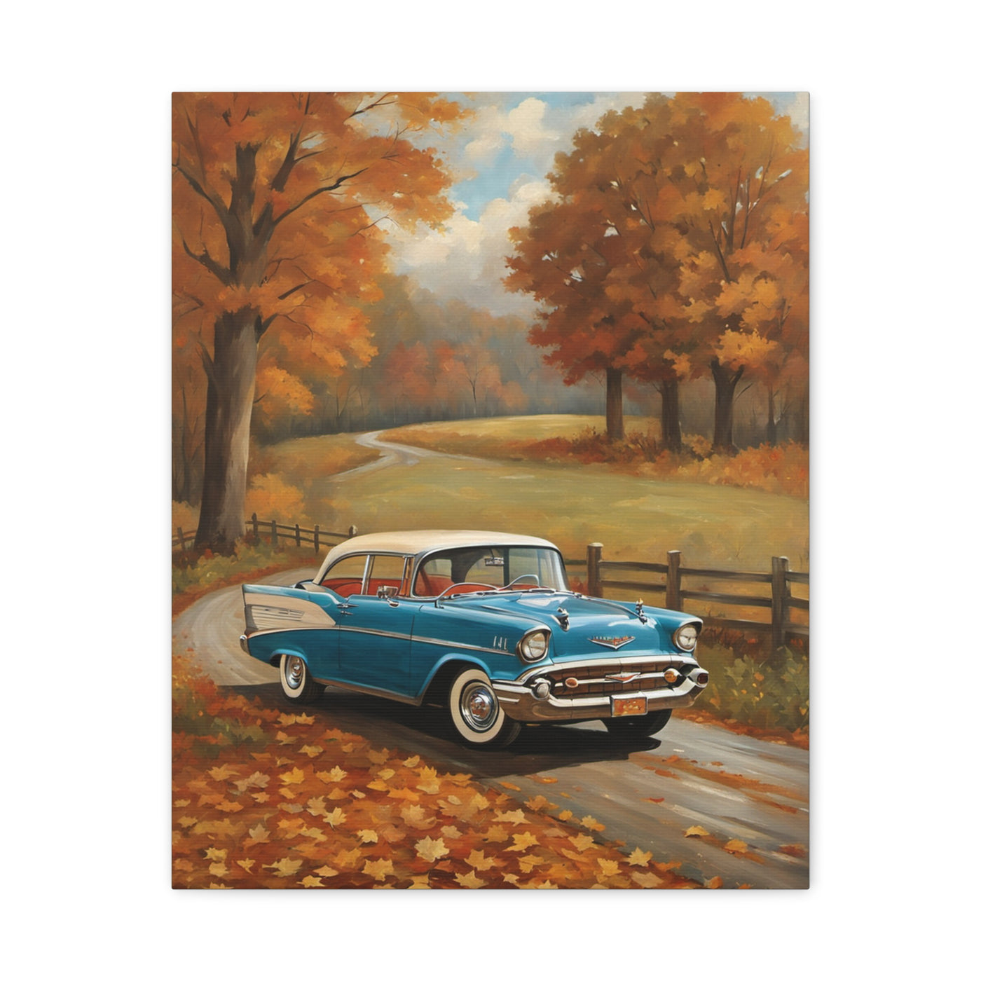 Vintage Autumn classic car canvas featuring a blue car on a scenic fall road surrounded by colorful autumn trees.