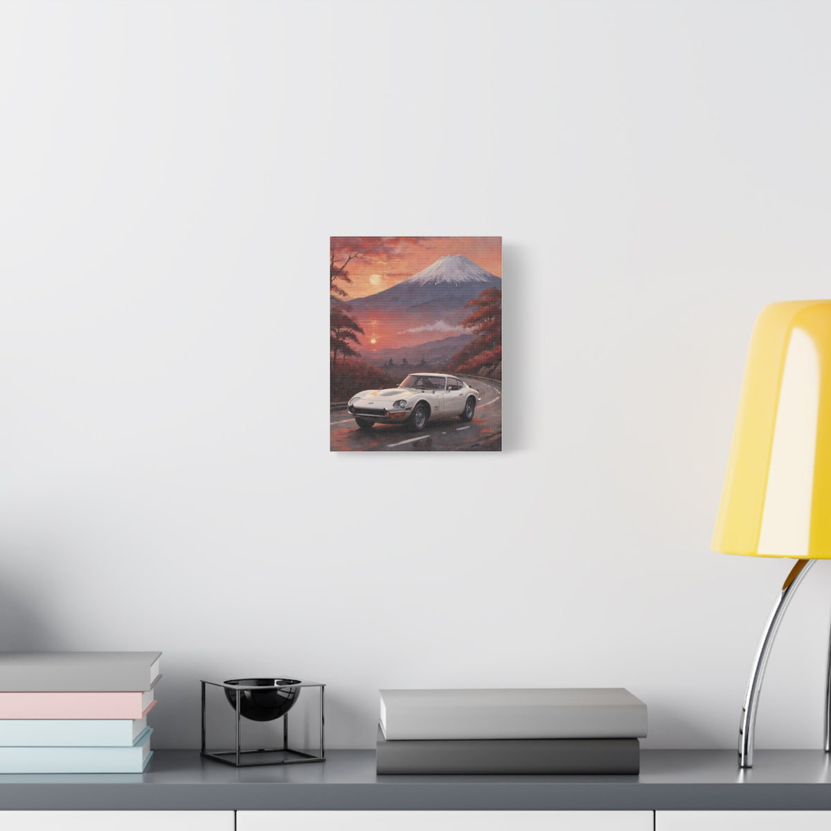 1967 Toyota 2000GT Canvas Wall Art Vintage Pegasus White JDM Painting Mount Fuji Sunset Mountain Road Stretched Canvas Print for Living Room Office Decor