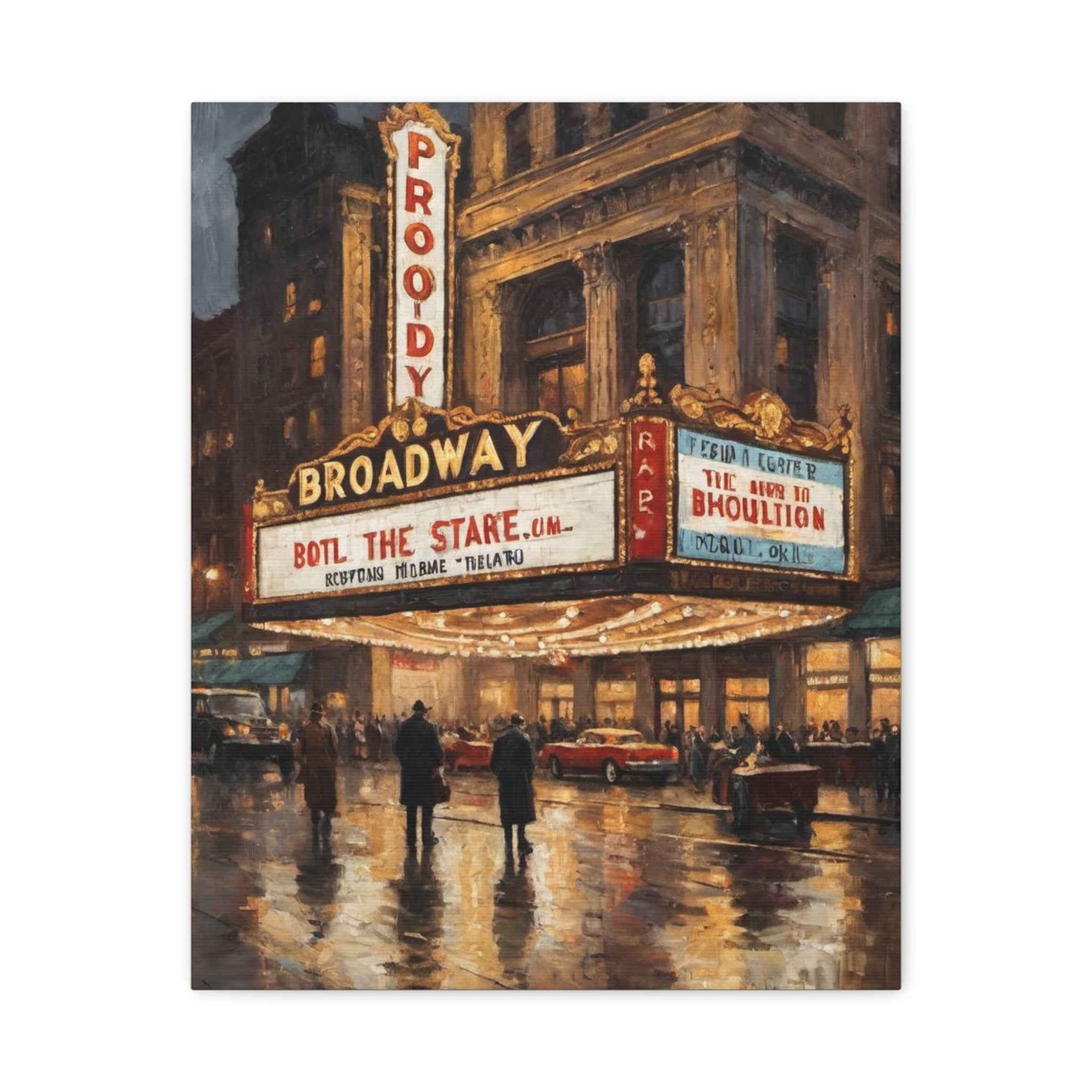 Broadway Theater Night Matte Canvas Wall Art – Vintage Cityscape Stretched Print