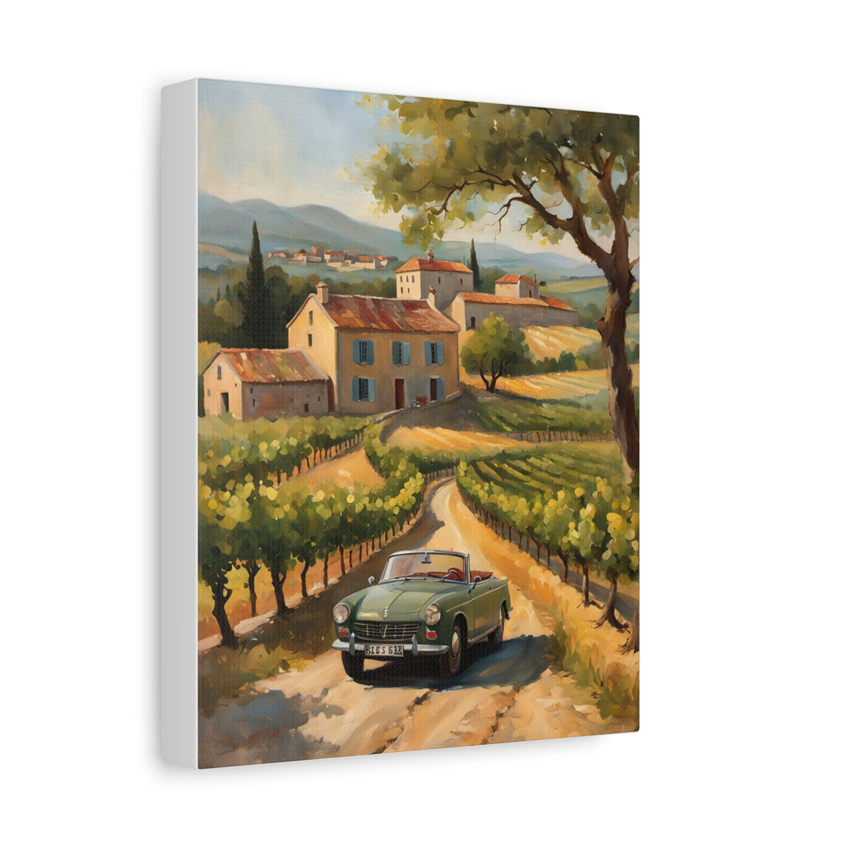 1965 Peugeot 404 Cabriolet Canvas Wall Art Vintage Olive Green French Convertible Painting Provence Vineyard Estate Stretched Canvas Print for Living Room Office Decor