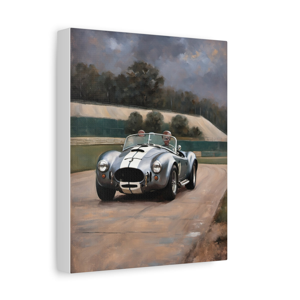 1966 Shelby Cobra 427 Canvas Wall Art Vintage Silver Sports Car Painting Racetrack Circuit Pit Lane Stretched Canvas Print for Living Room Office Decor