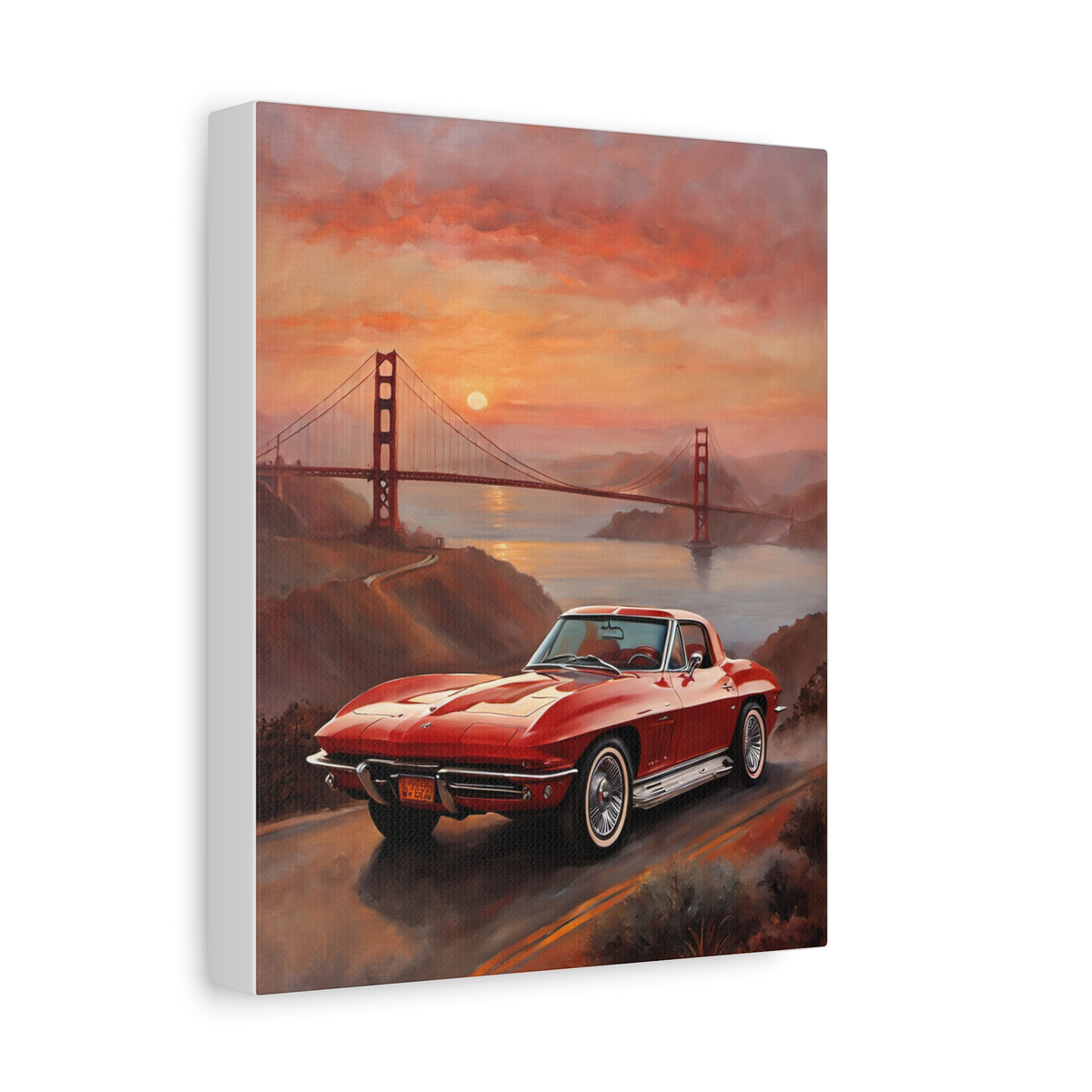 1963 Chevrolet Corvette C2 Stingray Split Window Canvas Wall Art Vintage Red Muscle Car Painting Golden Gate Bridge Sunset Stretched Canvas Print for Living Room Office Decor