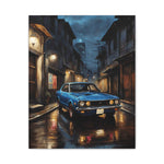 Vintage Blue Skyline Car Canvas — Retro Night Street Art Print