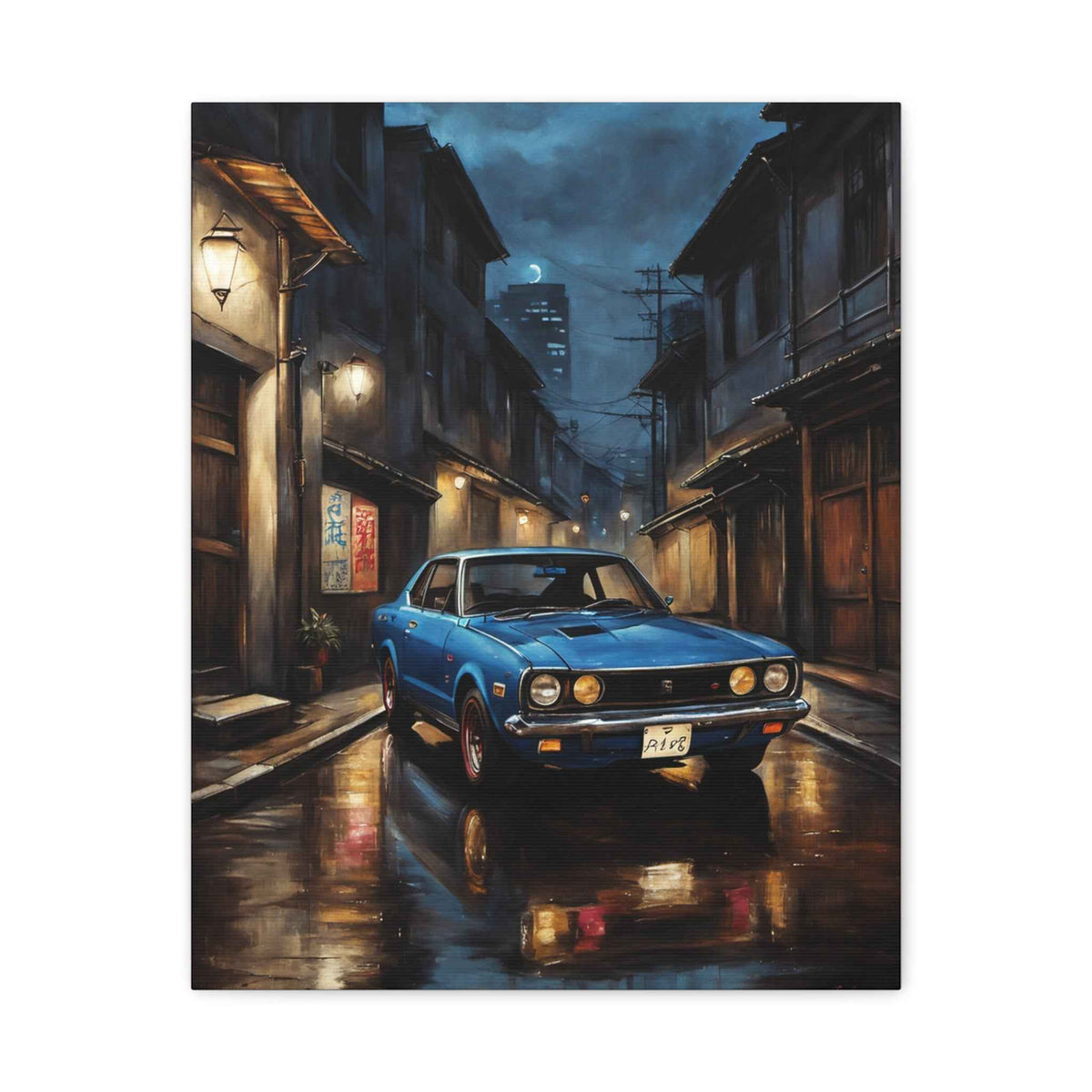 Vintage Blue Skyline Car Canvas — Retro Night Street Art Print