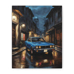 Vintage Blue Skyline Car Canvas — Retro Night Street Art Print