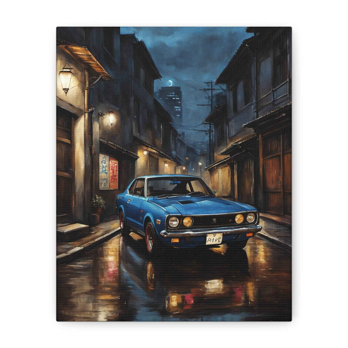 Vintage Blue Skyline Car Canvas — Retro Night Street Art Print