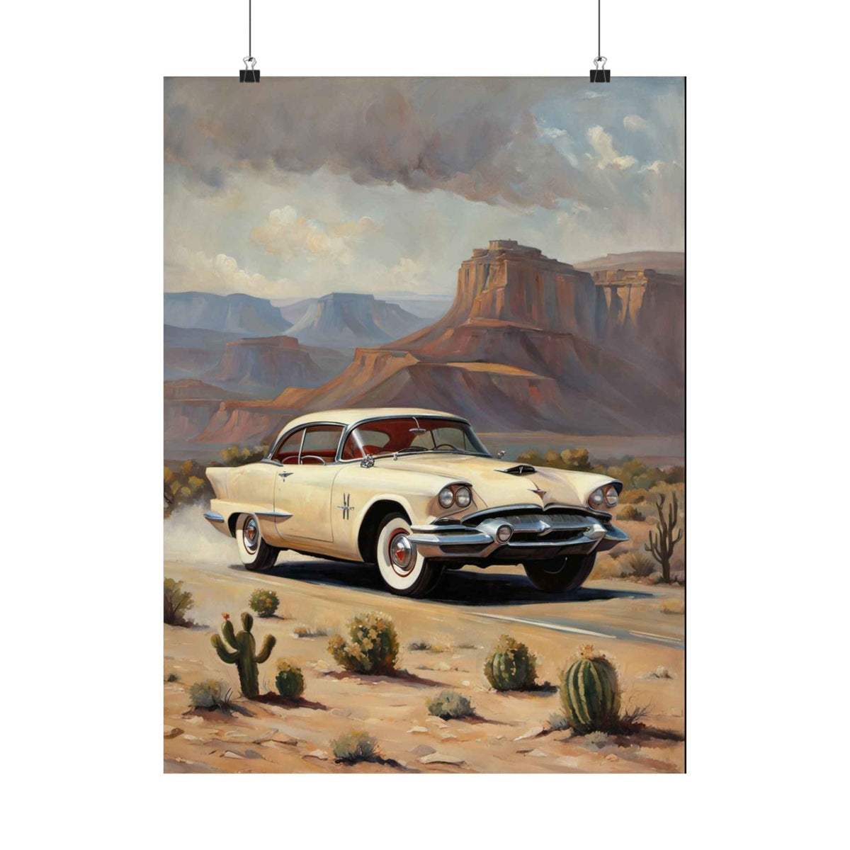 Vintage Desert Road Poster — Classic Car Matte Vertical Print