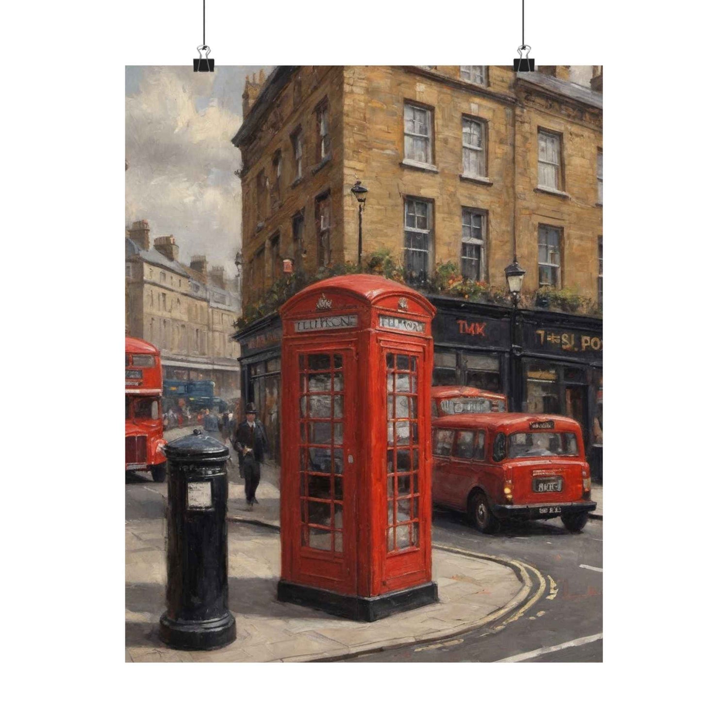 Vintage London Street Poster — Red Phone Booth Matte Vertical Print