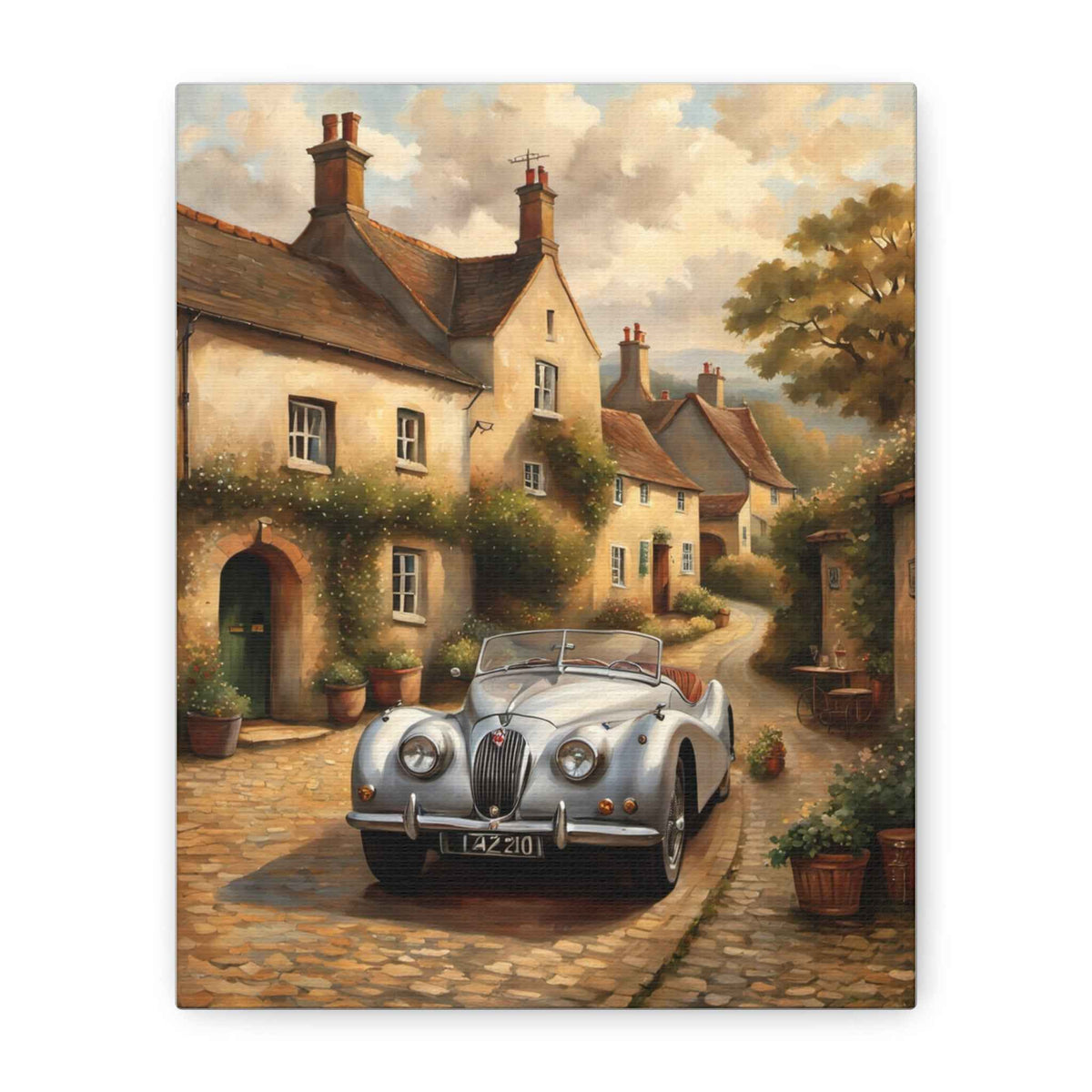 Vintage Jaguar in English Cottage – Matte Stretched Canvas Wall Art
