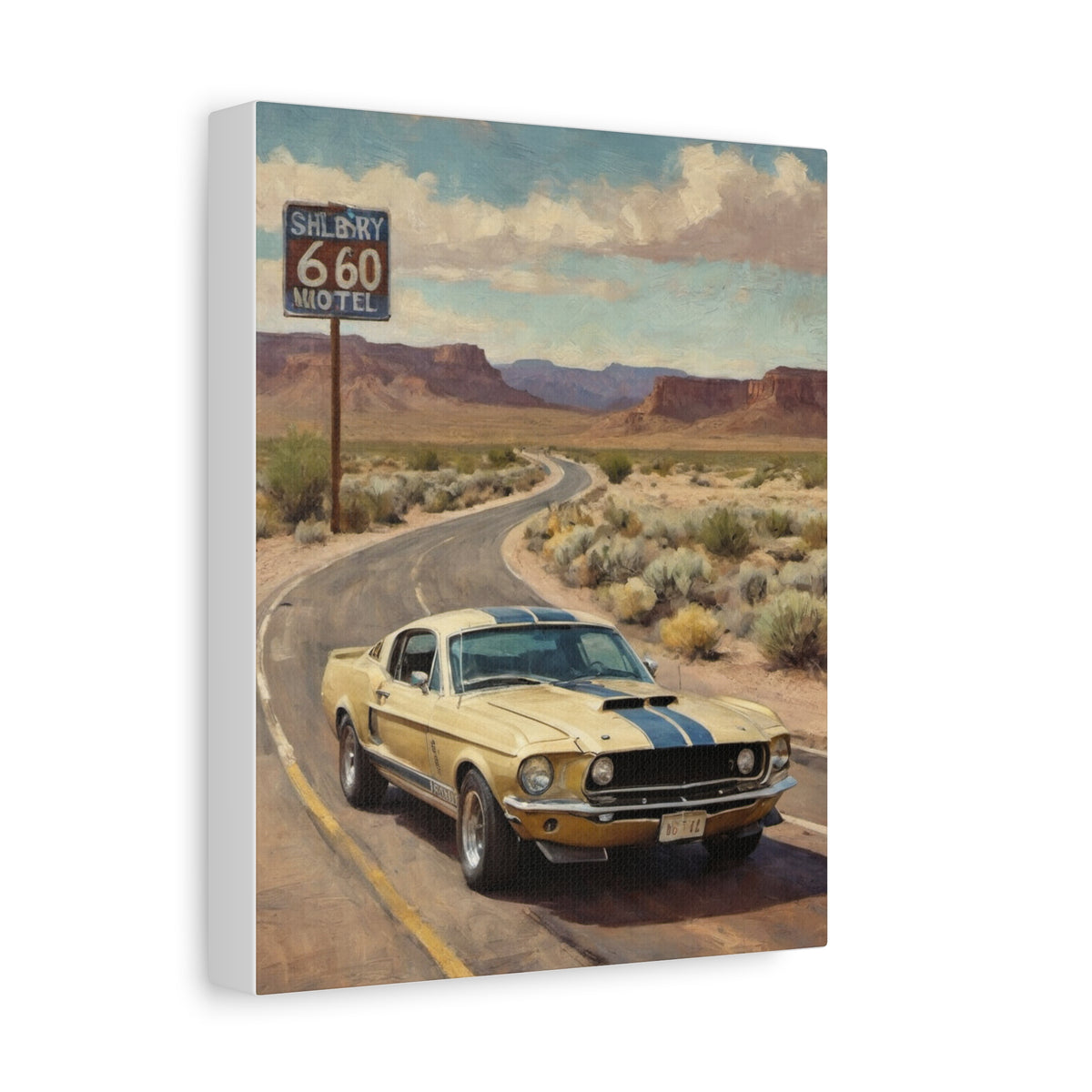 1968 Shelby GT500 Canvas Wall Art Vintage Gold Blue Stripes Muscle Car Painting Route 66 Desert Highway Motel Stretched Canvas Print for Living Room Office Decor