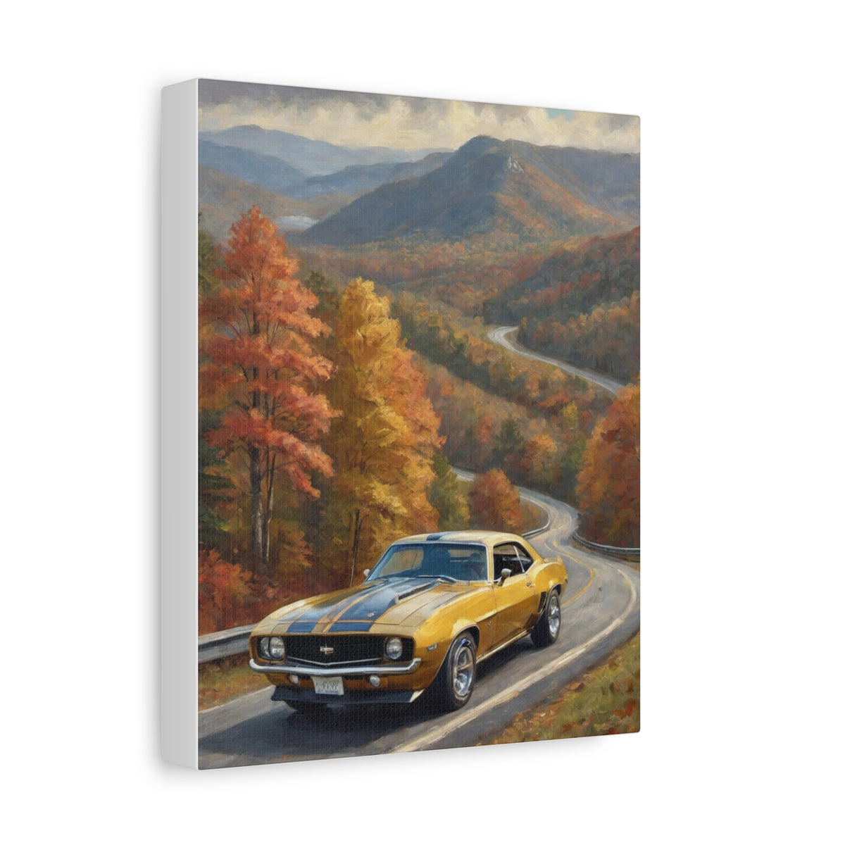 1969 Chevrolet Camaro Z28 Canvas Wall Art Vintage Daytona Yellow Black Stripes Muscle Car Painting Autumn Mountain Pass Winding Road Stretched Canvas Print for Living Room Office Decor