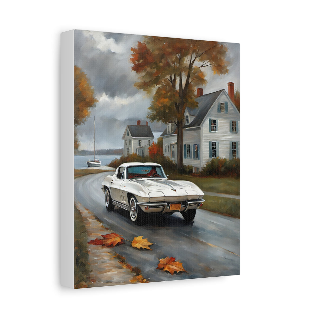 1963 Chevrolet Corvette C2 Stingray Split Window Canvas Wall Art Vintage White Muscle Car Painting New England Coastal Town Stretched Canvas Print for Living Room Office Decor