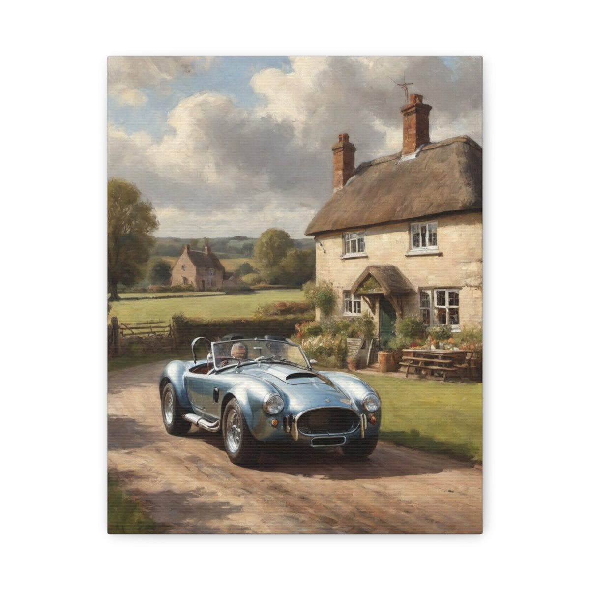 Vintage Roadster Canvas Print — Classic AC Cobra Cottage Scene, Matte Stretched Wall Art
