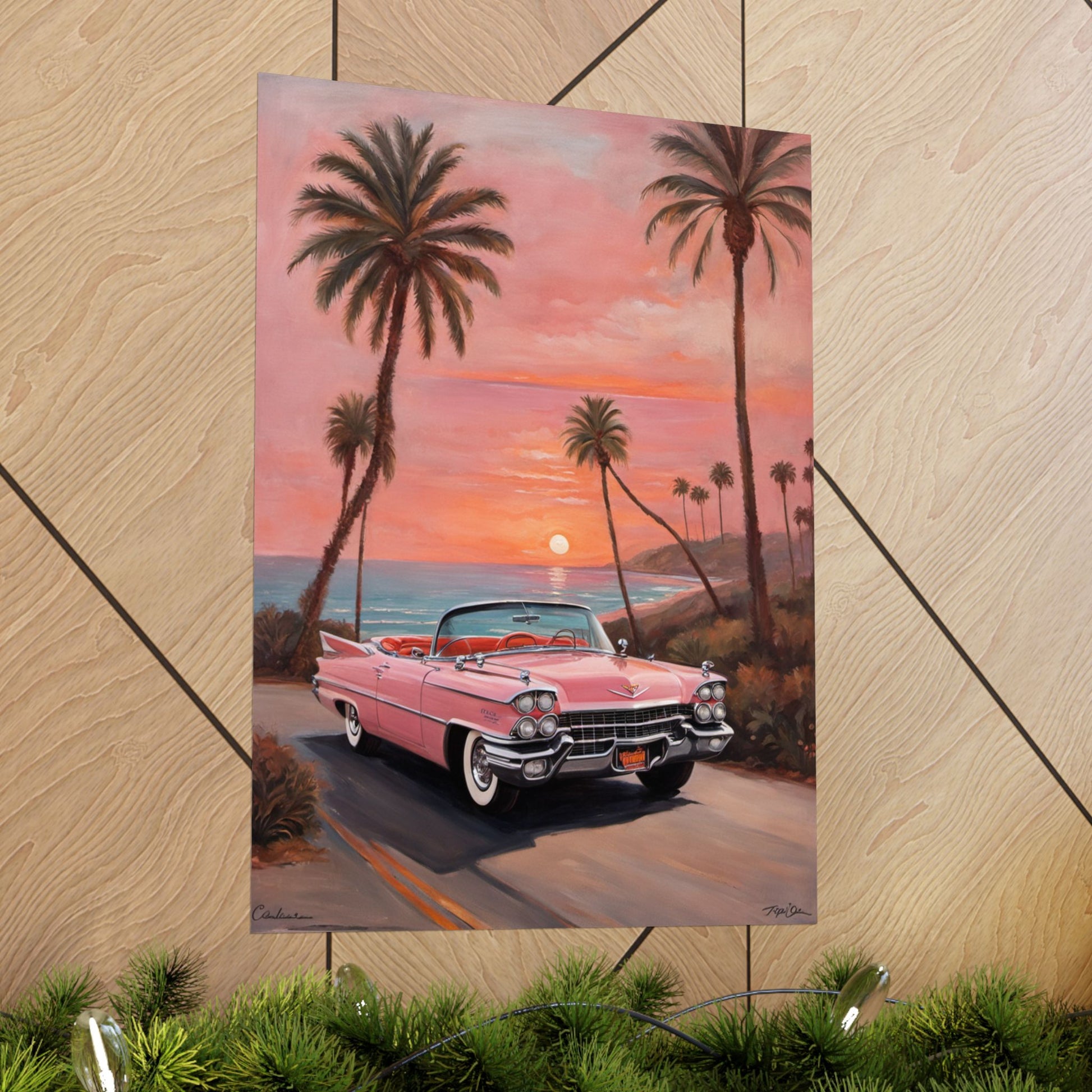 Retro Sunset Poster, Vintage Car Wall Art, 50s Decor, Tropical Vibes Home Decor, Gift for Car Lovers, Beach House Art - AquilVision